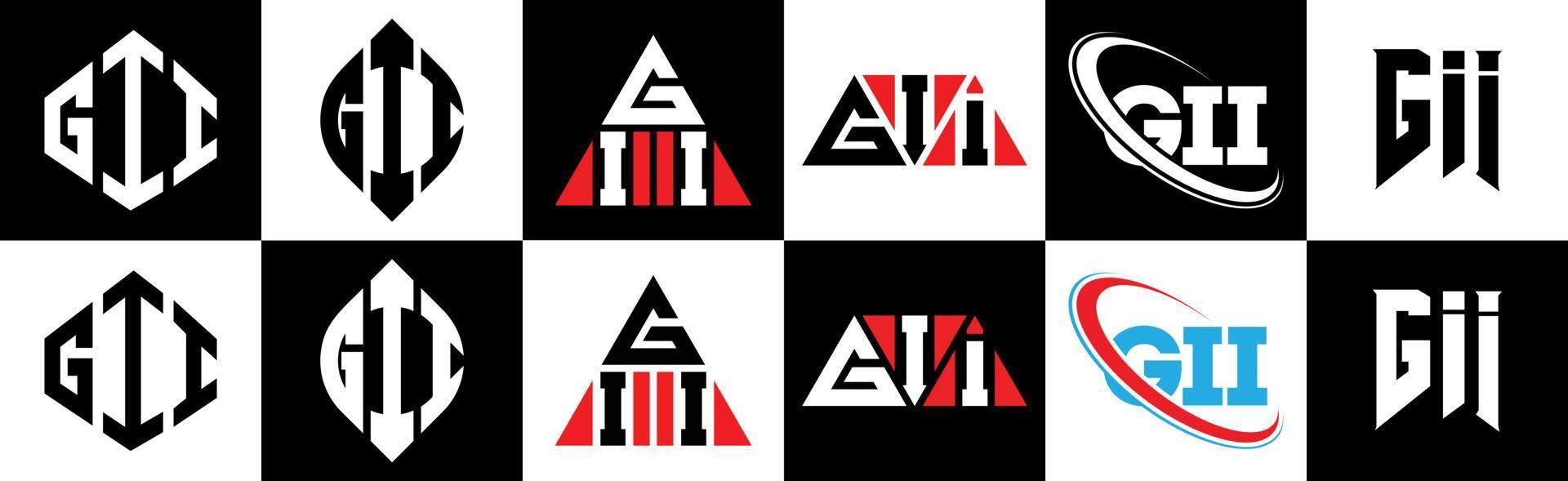 création de logo de lettre gii en six styles. gii polygone, cercle, triangle, hexagone, style plat et simple avec logo de lettre de variation de couleur noir et blanc dans un plan de travail. logo gii minimaliste et classique vecteur