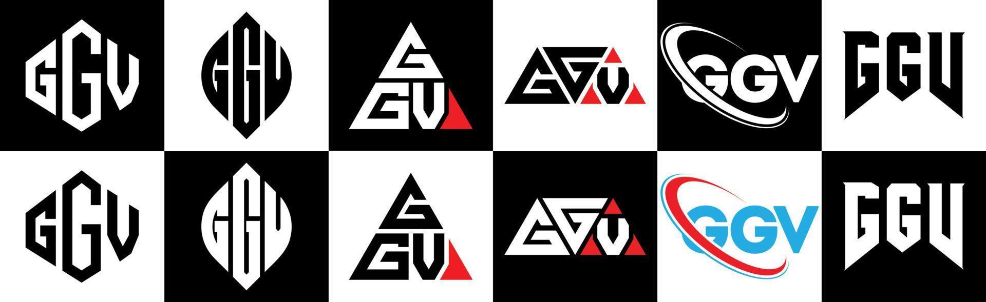 création de logo de lettre ggv en six styles. polygone ggv, cercle, triangle, hexagone, style plat et simple avec logo de lettre de variation de couleur noir et blanc dans un plan de travail. logo minimaliste et classique ggv vecteur