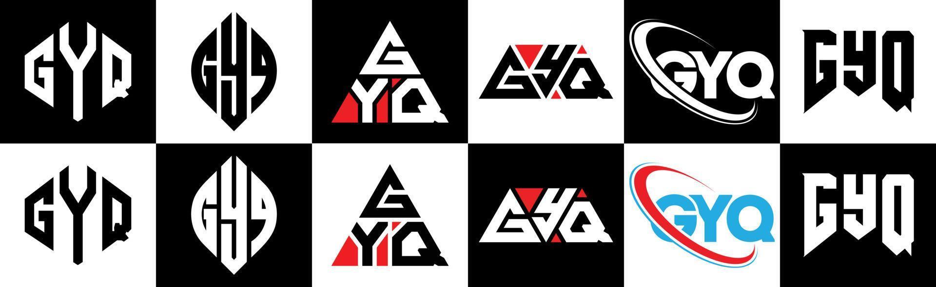 création de logo de lettre gyq en six styles. polygone gyq, cercle, triangle, hexagone, style plat et simple avec logo de lettre de variation de couleur noir et blanc dans un plan de travail. logo minimaliste et classique gyq vecteur