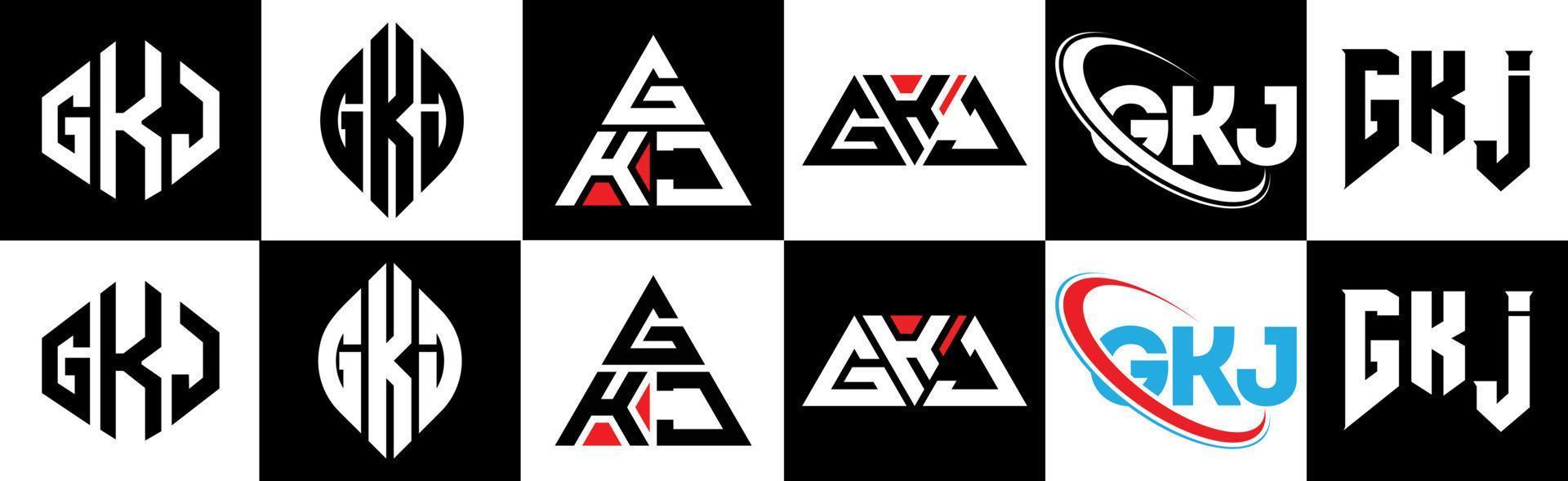 création de logo de lettre gkj en six styles. gkj polygone, cercle, triangle, hexagone, style plat et simple avec logo de lettre de variation de couleur noir et blanc dans un plan de travail. logo minimaliste et classique gkj vecteur