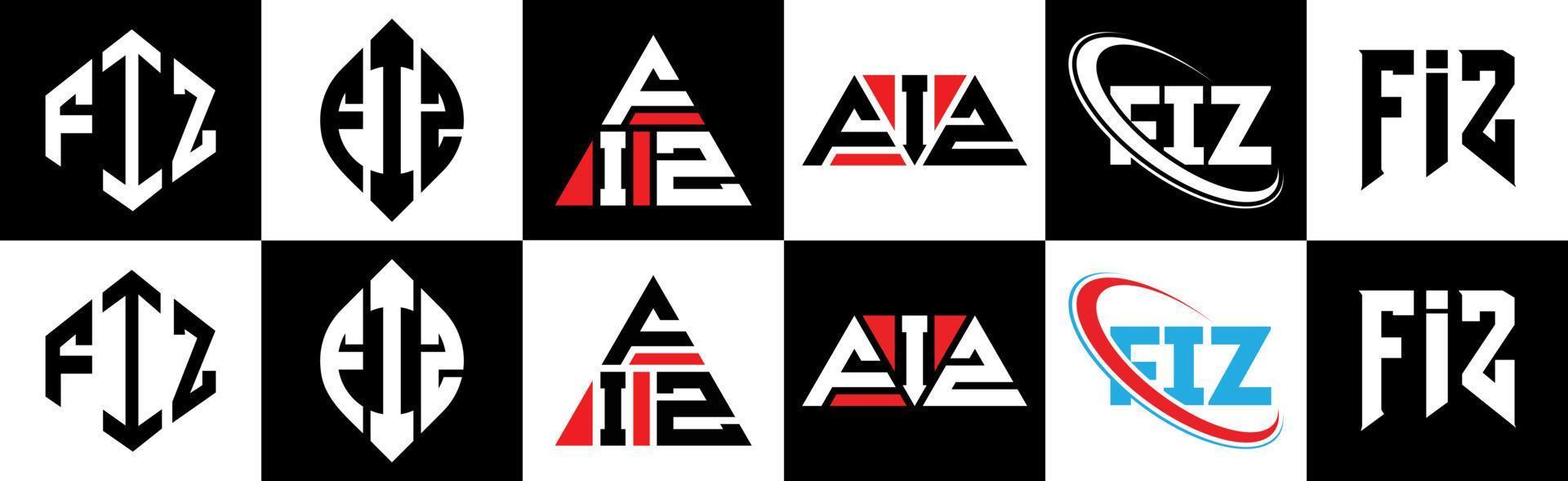 création de logo de lettre fiz en six styles. fiz polygone, cercle, triangle, hexagone, style plat et simple avec logo de lettre de variation de couleur noir et blanc dans un plan de travail. logo minimaliste et classique fiz vecteur