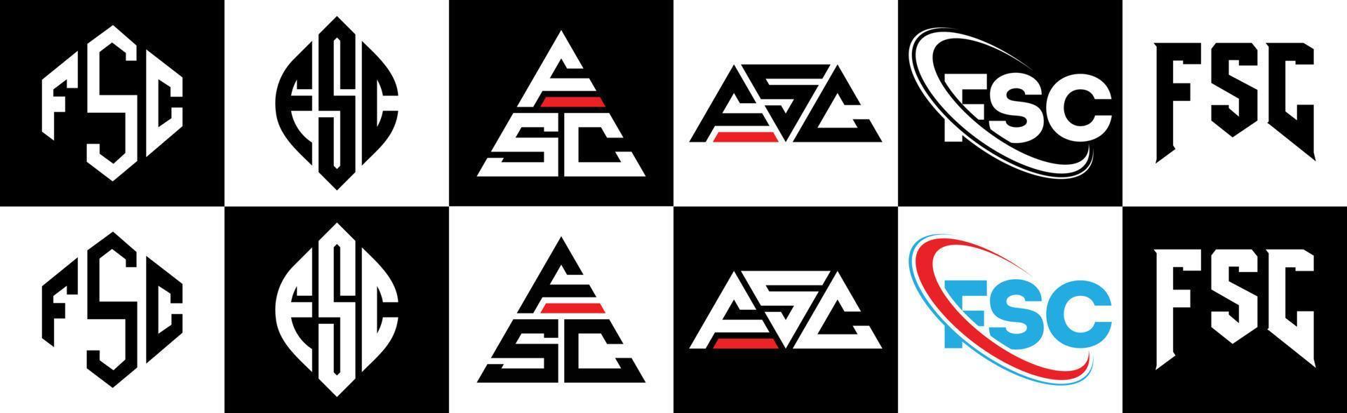 création de logo de lettre fsc en six styles. polygone fsc, cercle, triangle, hexagone, style plat et simple avec logo de lettre de variation de couleur noir et blanc dans un plan de travail. logo fsc minimaliste et classique vecteur