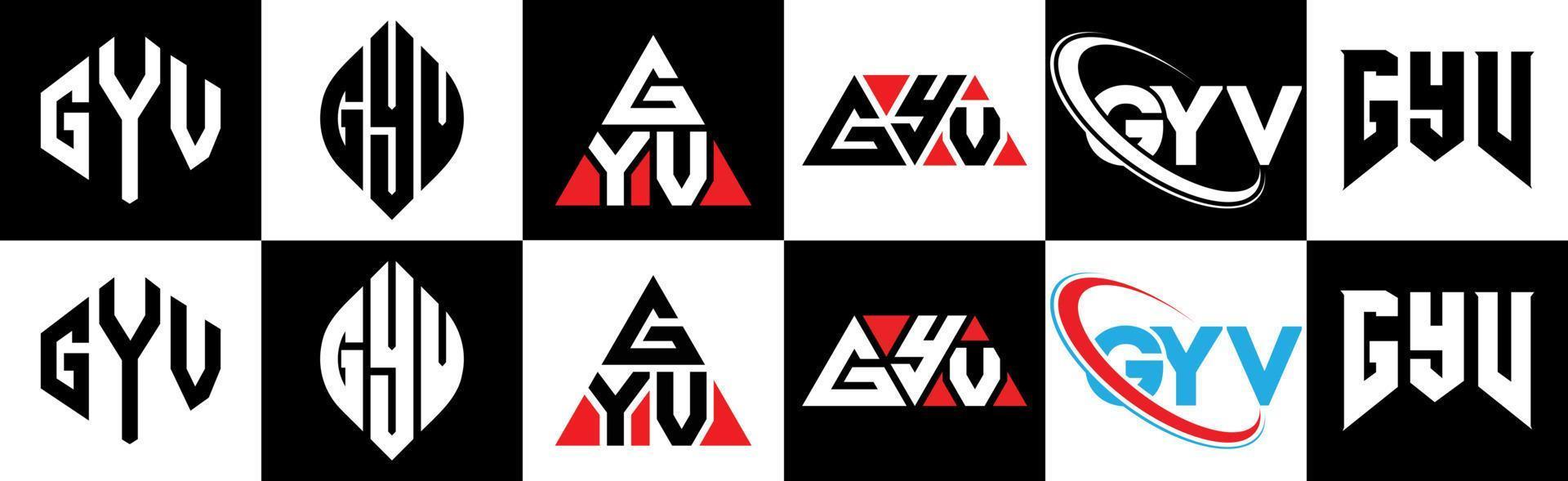 création de logo de lettre gyv en six styles. polygone gyv, cercle, triangle, hexagone, style plat et simple avec logo de lettre de variation de couleur noir et blanc dans un plan de travail. logo minimaliste et classique gyv vecteur