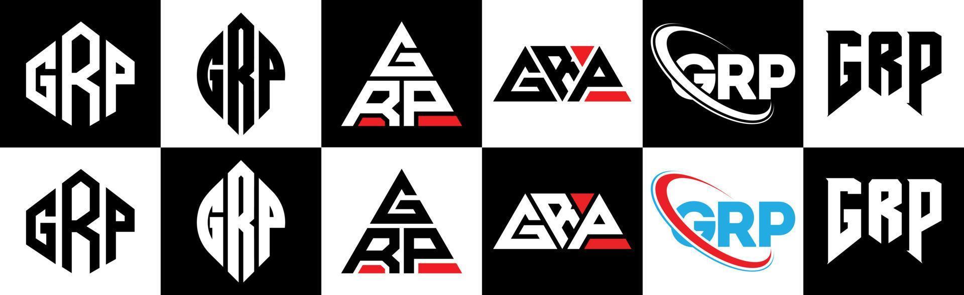 création de logo de lettre grp en six styles. grp polygone, cercle, triangle, hexagone, style plat et simple avec logo de lettre de variation de couleur noir et blanc dans un plan de travail. grp logo minimaliste et classique vecteur