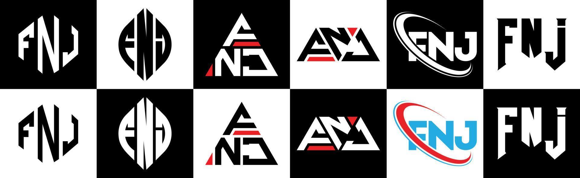 création de logo de lettre fnj en six styles. polygone fnj, cercle, triangle, hexagone, style plat et simple avec logo de lettre de variation de couleur noir et blanc dans un plan de travail. logo fnj minimaliste et classique vecteur