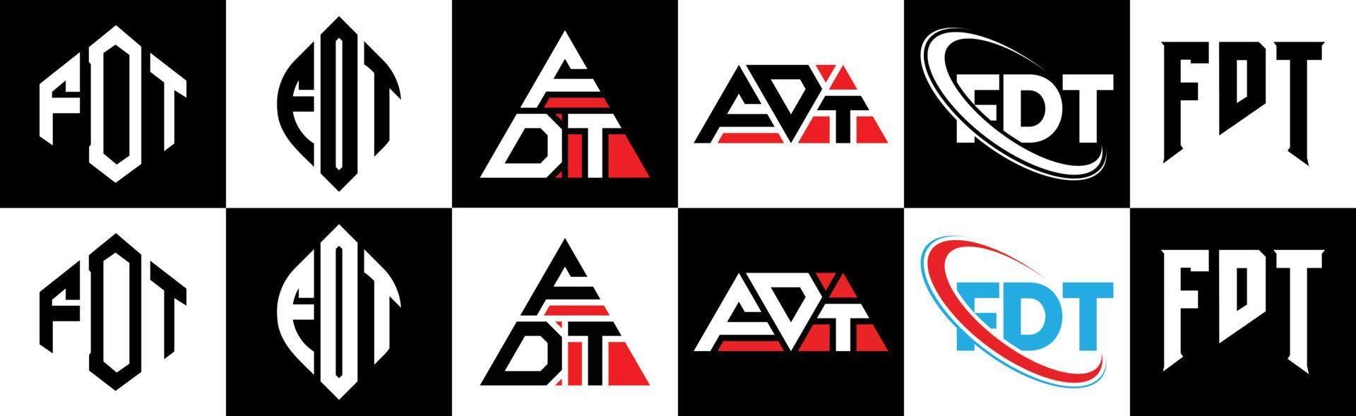 création de logo de lettre fdt en six styles. polygone fdt, cercle, triangle, hexagone, style plat et simple avec logo de lettre de variation de couleur noir et blanc dans un plan de travail. fdt logo minimaliste et classique vecteur