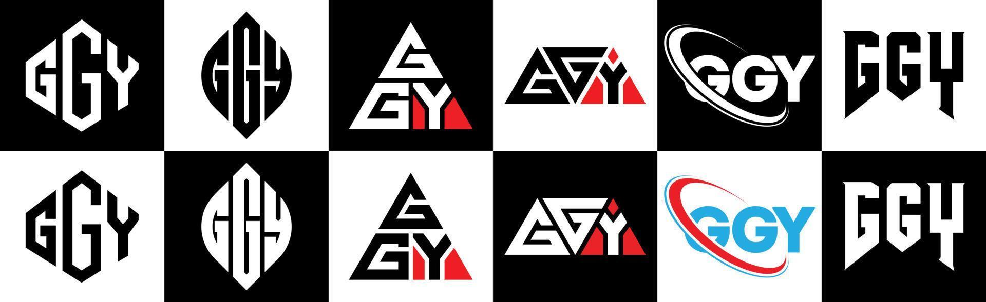 création de logo de lettre ggy en six styles. polygone ggy, cercle, triangle, hexagone, style plat et simple avec logo de lettre de variation de couleur noir et blanc dans un plan de travail. logo minimaliste et classique ggy vecteur