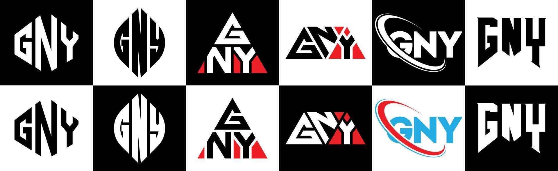 création de logo de lettre gny en six styles. gny polygone, cercle, triangle, hexagone, style plat et simple avec logo de lettre de variation de couleur noir et blanc dans un plan de travail. logo minimaliste et classique gny vecteur