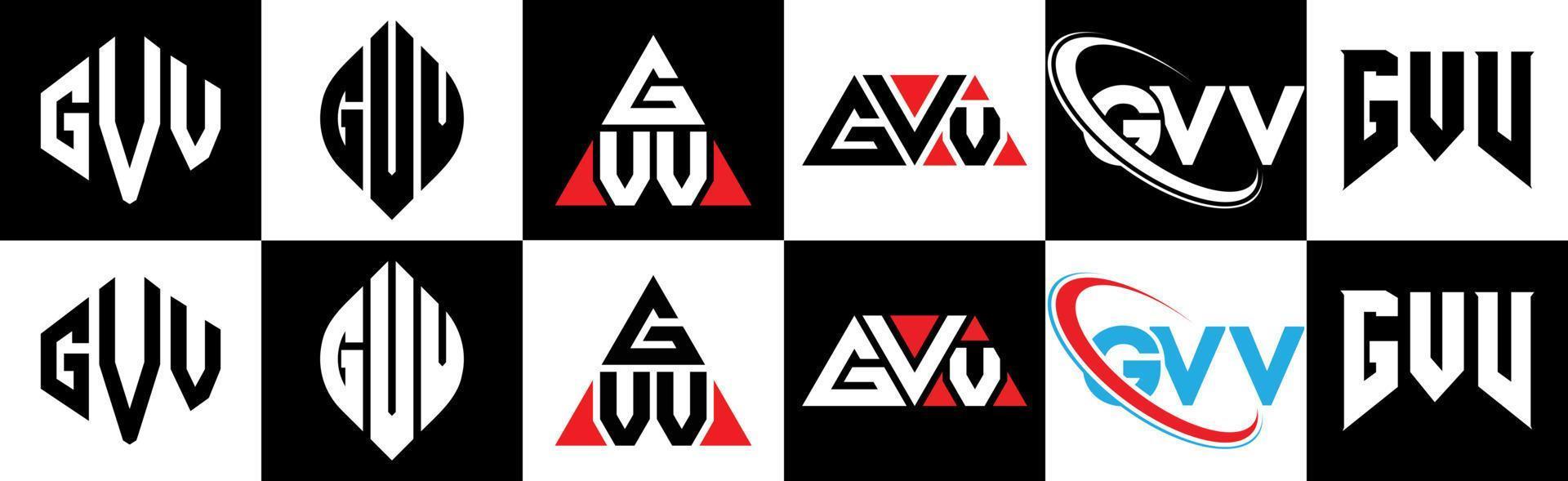 création de logo de lettre gvv en six styles. polygone gvv, cercle, triangle, hexagone, style plat et simple avec logo de lettre de variation de couleur noir et blanc dans un plan de travail. logo gvv minimaliste et classique vecteur