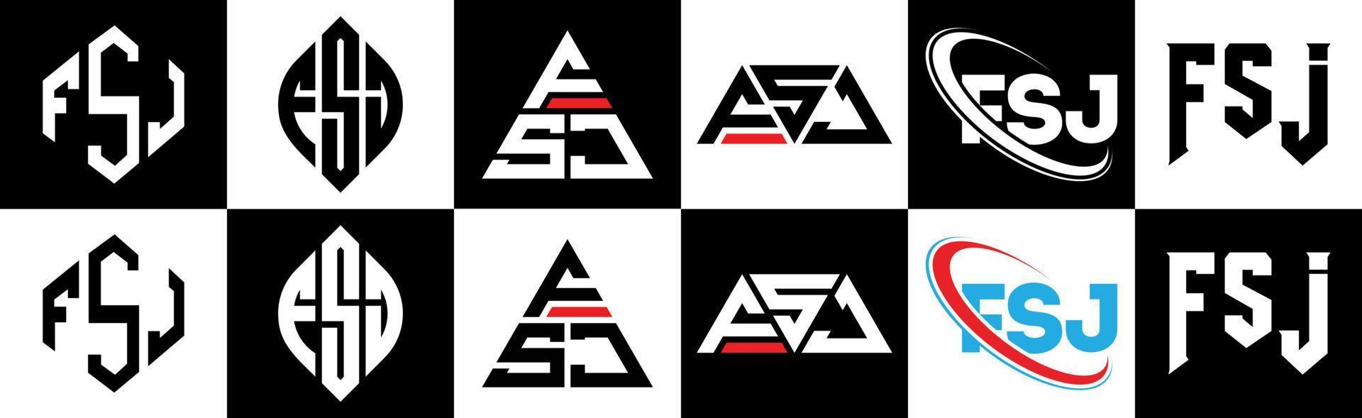 création de logo de lettre fsj en six styles. fsj polygone, cercle, triangle, hexagone, style plat et simple avec logo de lettre de variation de couleur noir et blanc dans un plan de travail. logo fsj minimaliste et classique vecteur