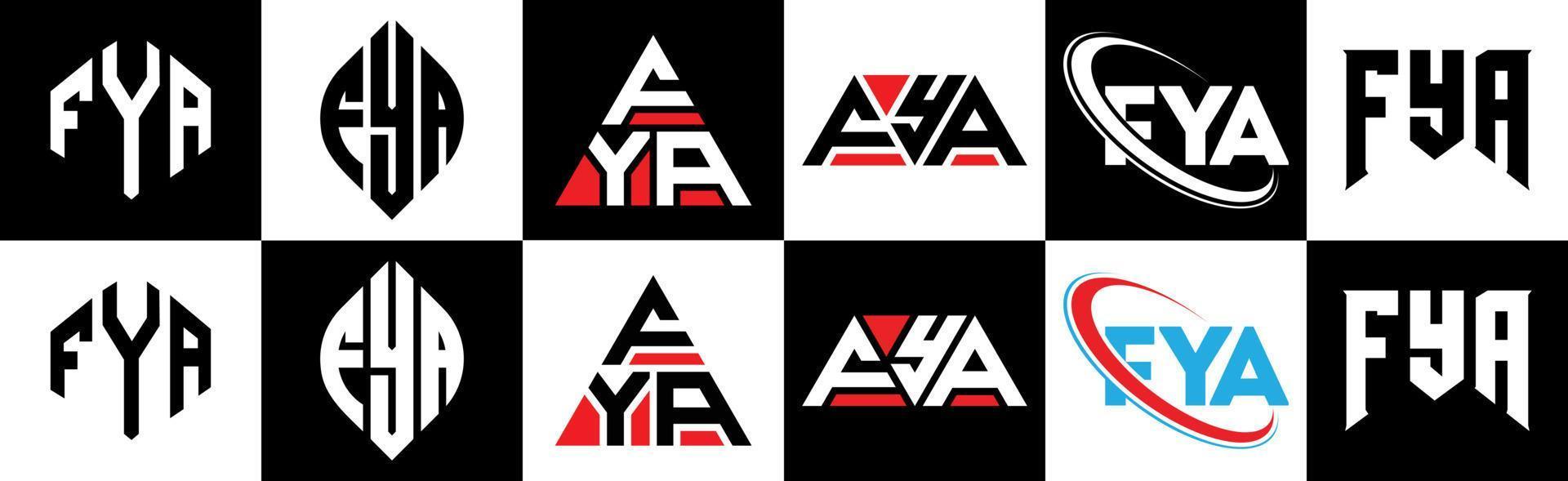 création de logo de lettre fya en six styles. fya polygone, cercle, triangle, hexagone, style plat et simple avec logo de lettre de variation de couleur noir et blanc dans un plan de travail. fya logo minimaliste et classique vecteur