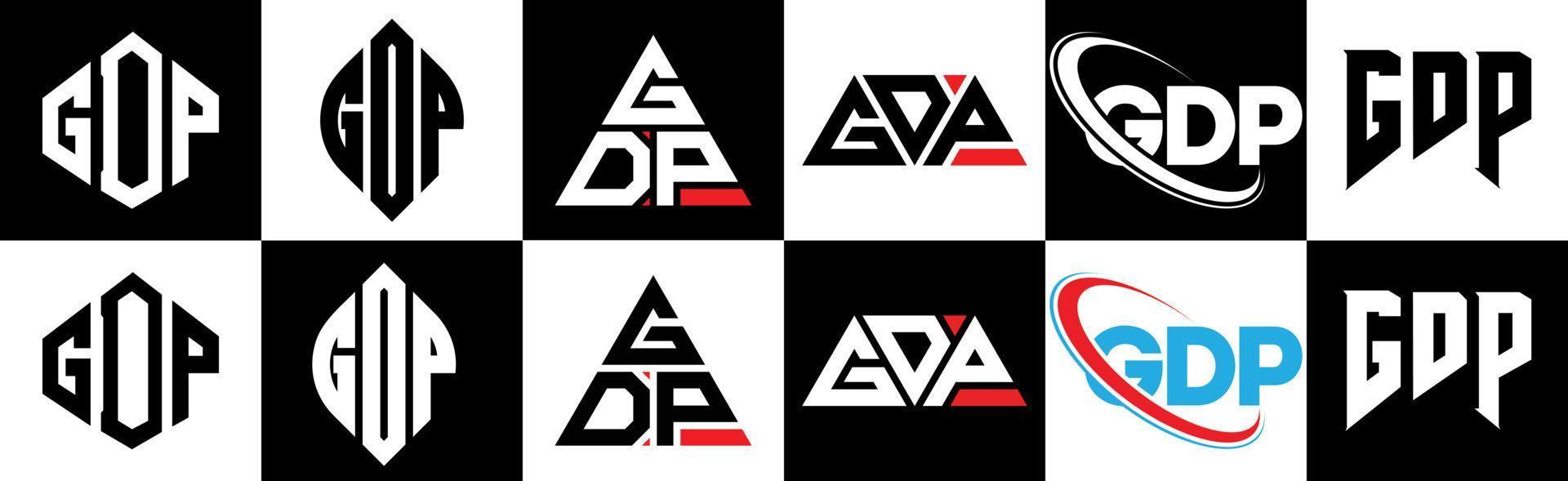 création de logo de lettre gdp en six styles. polygone gdp, cercle, triangle, hexagone, style plat et simple avec logo de lettre de variation de couleur noir et blanc dans un plan de travail. logo minimaliste et classique du gdp vecteur