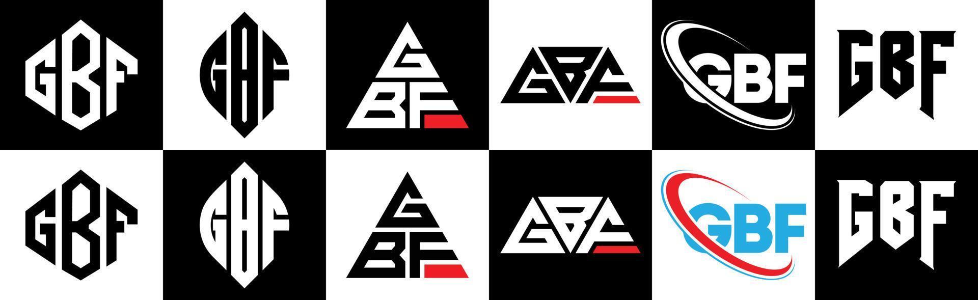 création de logo de lettre gbf en six styles. polygone gbf, cercle, triangle, hexagone, style plat et simple avec logo de lettre de variation de couleur noir et blanc dans un plan de travail. logo minimaliste et classique gbf vecteur