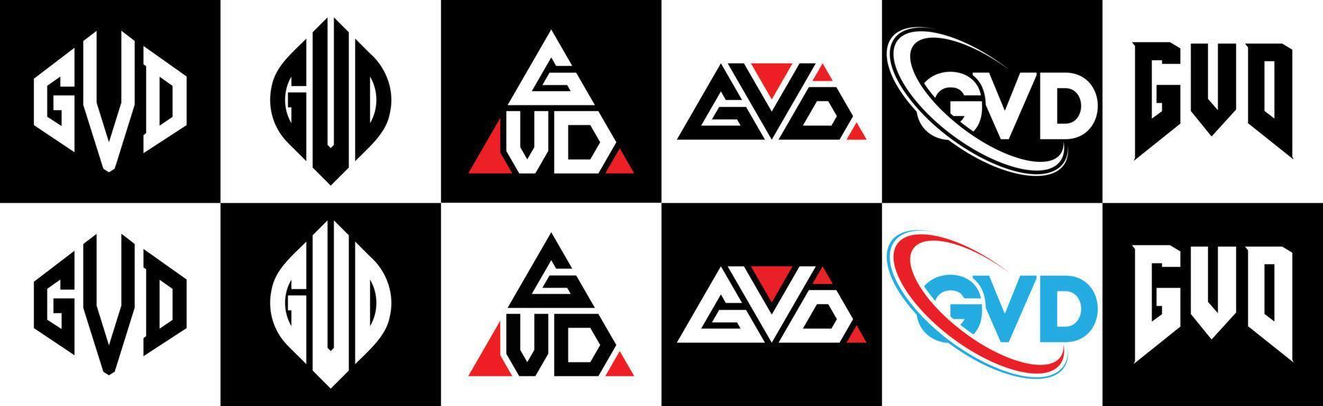 création de logo de lettre gvd en six styles. gvd polygone, cercle, triangle, hexagone, style plat et simple avec logo de lettre de variation de couleur noir et blanc dans un plan de travail. logo gvd minimaliste et classique vecteur