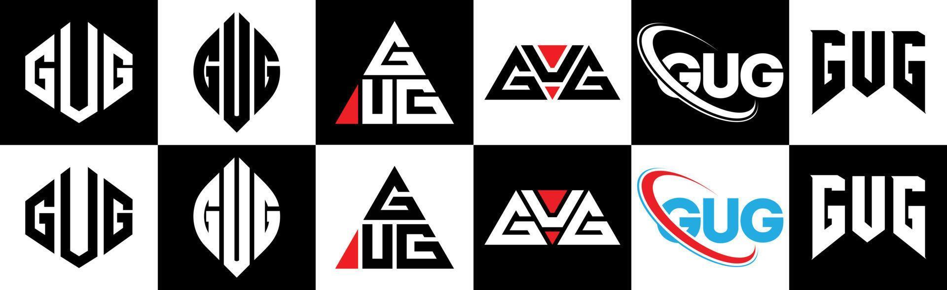 création de logo de lettre gug dans six styles. gug polygone, cercle, triangle, hexagone, style plat et simple avec logo de lettre de variation de couleur noir et blanc dans un plan de travail. gug logo minimaliste et classique vecteur