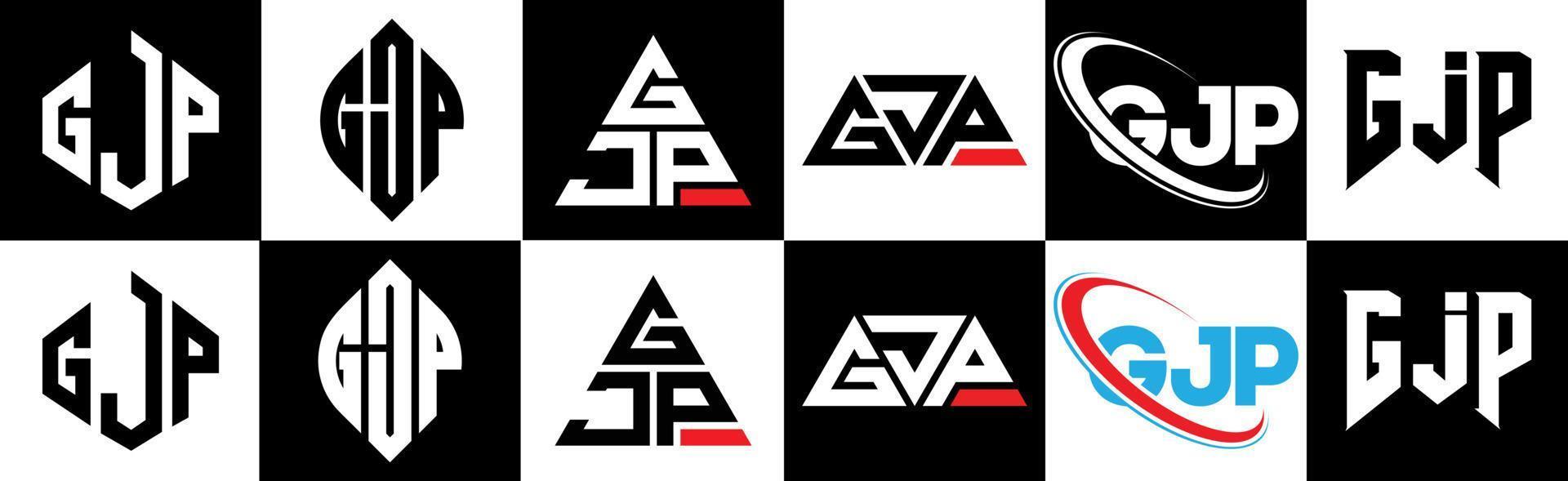 création de logo de lettre gjp en six styles. gjp polygone, cercle, triangle, hexagone, style plat et simple avec logo de lettre de variation de couleur noir et blanc dans un plan de travail. logo minimaliste et classique gjp vecteur