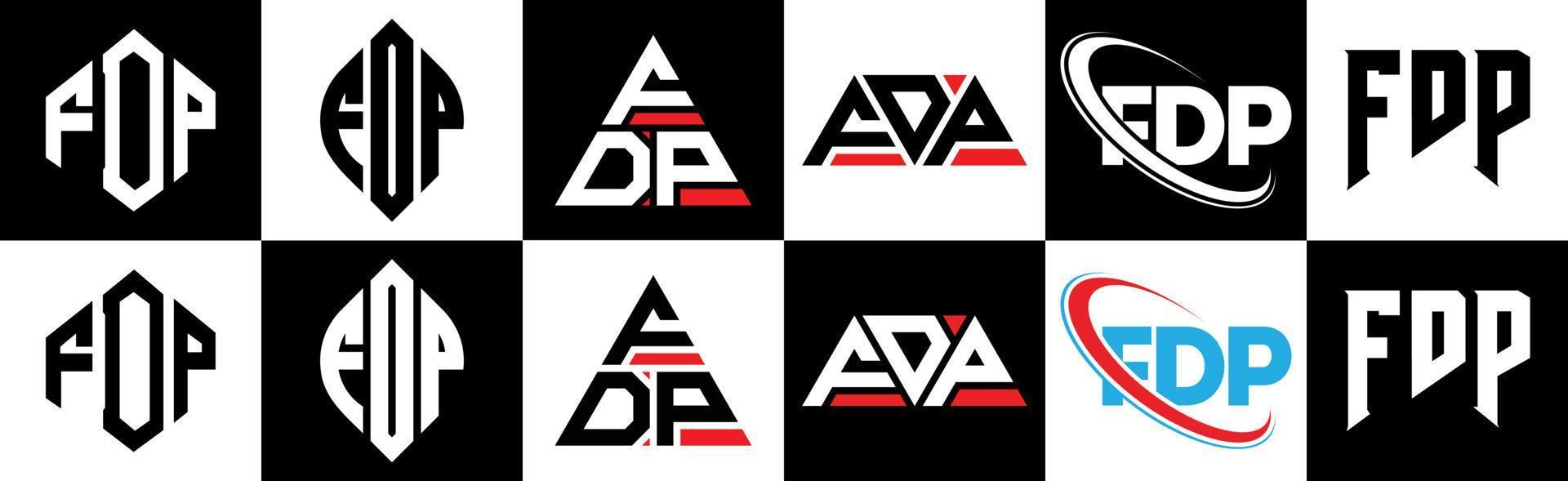 création de logo de lettre fdp en six styles. polygone fdp, cercle, triangle, hexagone, style plat et simple avec logo de lettre de variation de couleur noir et blanc dans un plan de travail. fdp logo minimaliste et classique vecteur