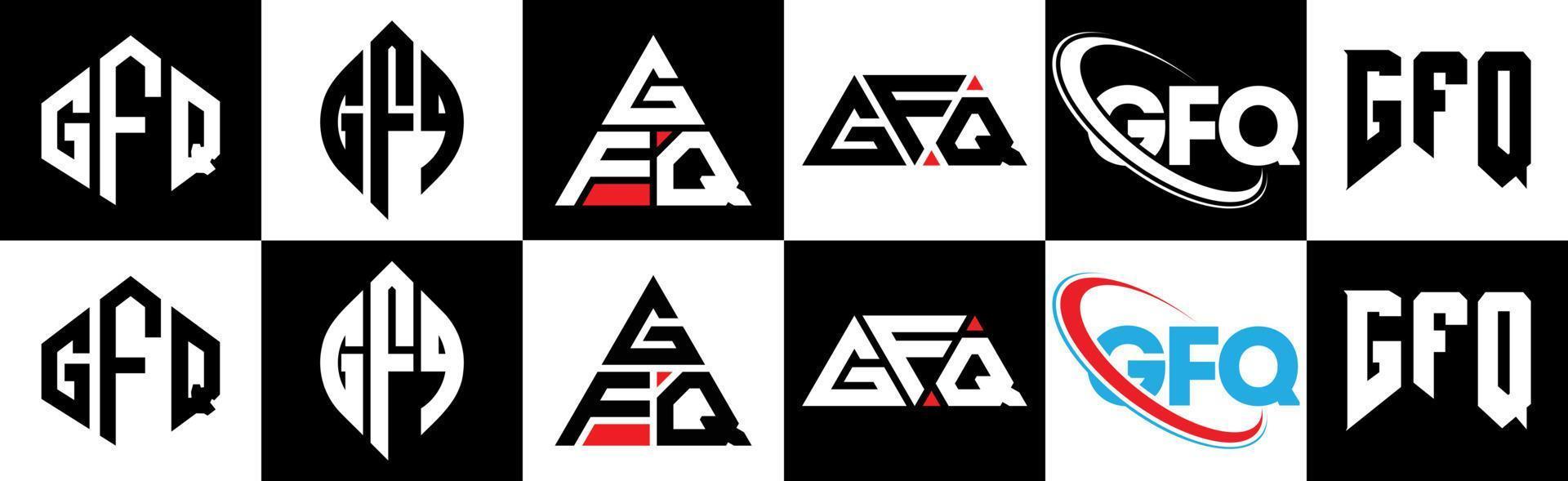 création de logo de lettre gfq en six styles. gfq polygone, cercle, triangle, hexagone, style plat et simple avec logo de lettre de variation de couleur noir et blanc dans un plan de travail. logo gfq minimaliste et classique vecteur