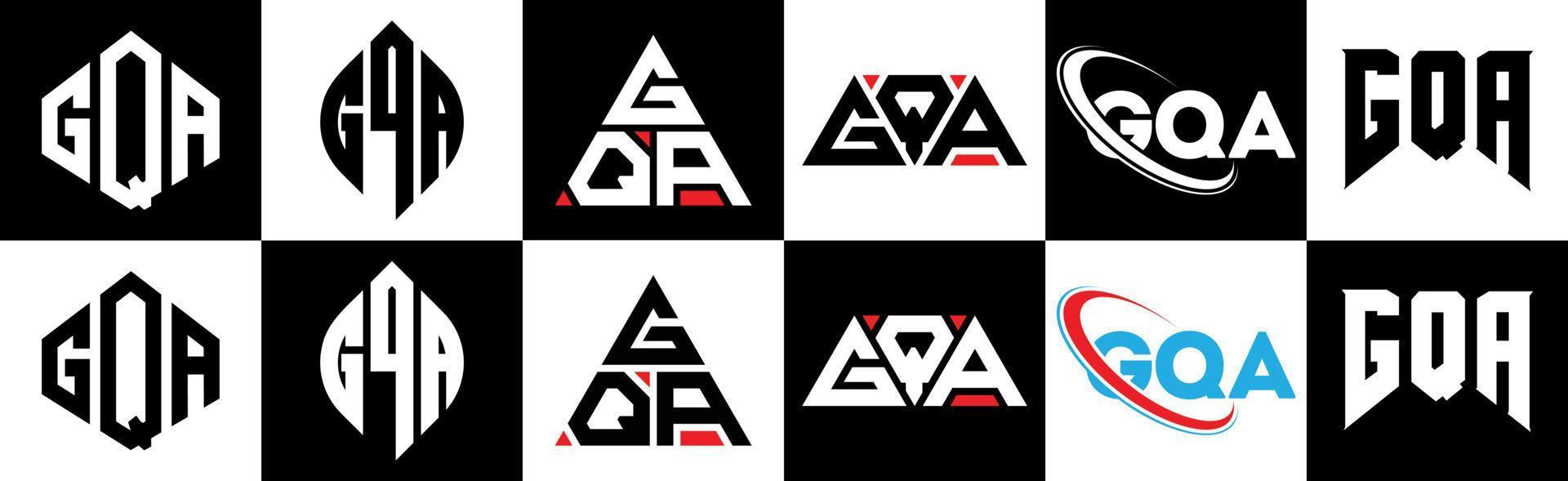 création de logo de lettre gqa en six styles. gqa polygone, cercle, triangle, hexagone, style plat et simple avec logo de lettre de variation de couleur noir et blanc dans un plan de travail. logo gqa minimaliste et classique vecteur