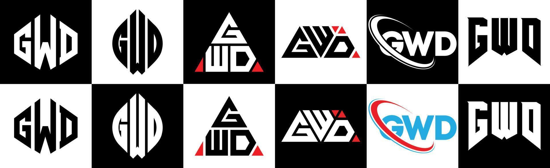 création de logo de lettre gwd en six styles. gwd polygone, cercle, triangle, hexagone, style plat et simple avec logo de lettre de variation de couleur noir et blanc dans un plan de travail. logo minimaliste et classique gwd vecteur