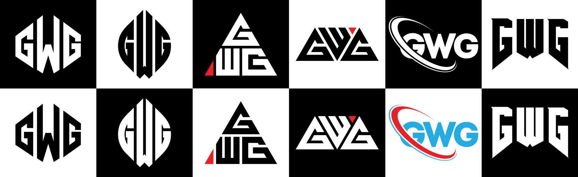 création de logo de lettre gwg en six styles. gwg polygone, cercle, triangle, hexagone, style plat et simple avec logo de lettre de variation de couleur noir et blanc dans un plan de travail. logo minimaliste et classique gwg vecteur