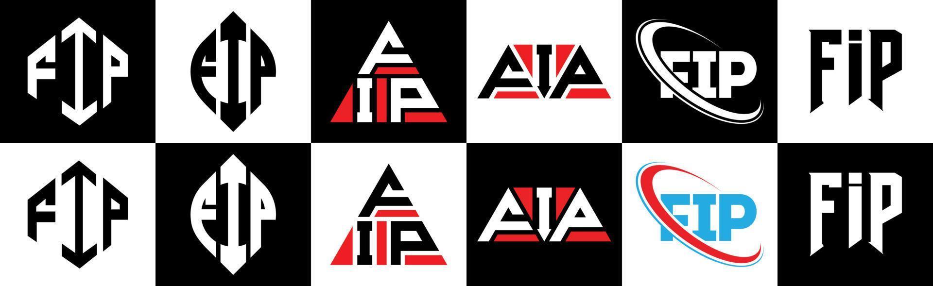 création de logo de lettre fip en six styles. fip polygone, cercle, triangle, hexagone, style plat et simple avec logo de lettre de variation de couleur noir et blanc dans un plan de travail. fip logo minimaliste et classique vecteur