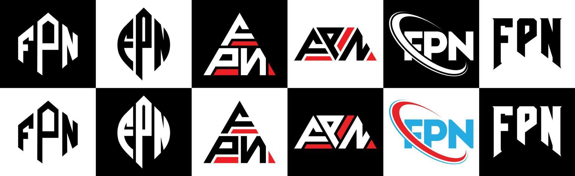 création de logo de lettre fpn en six styles. polygone fpn, cercle, triangle, hexagone, style plat et simple avec logo de lettre de variation de couleur noir et blanc dans un plan de travail. logo minimaliste et classique fpn vecteur