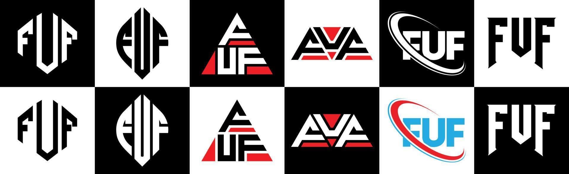 création de logo de lettre fuf en six styles. fuf polygone, cercle, triangle, hexagone, style plat et simple avec logo de lettre de variation de couleur noir et blanc dans un plan de travail. fuf logo minimaliste et classique vecteur