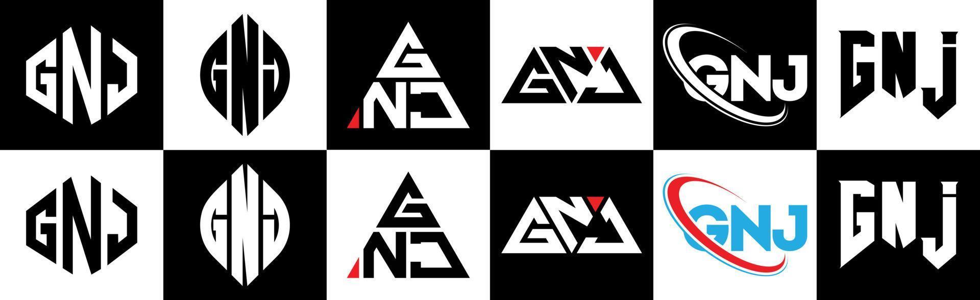 création de logo de lettre gnj en six styles. gnj polygone, cercle, triangle, hexagone, style plat et simple avec logo de lettre de variation de couleur noir et blanc dans un plan de travail. logo minimaliste et classique gnj vecteur