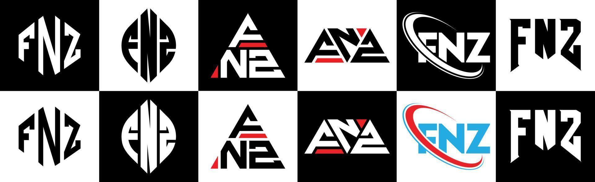 création de logo de lettre fnz en six styles. fnz polygone, cercle, triangle, hexagone, style plat et simple avec logo de lettre de variation de couleur noir et blanc dans un plan de travail. logo fnz minimaliste et classique vecteur