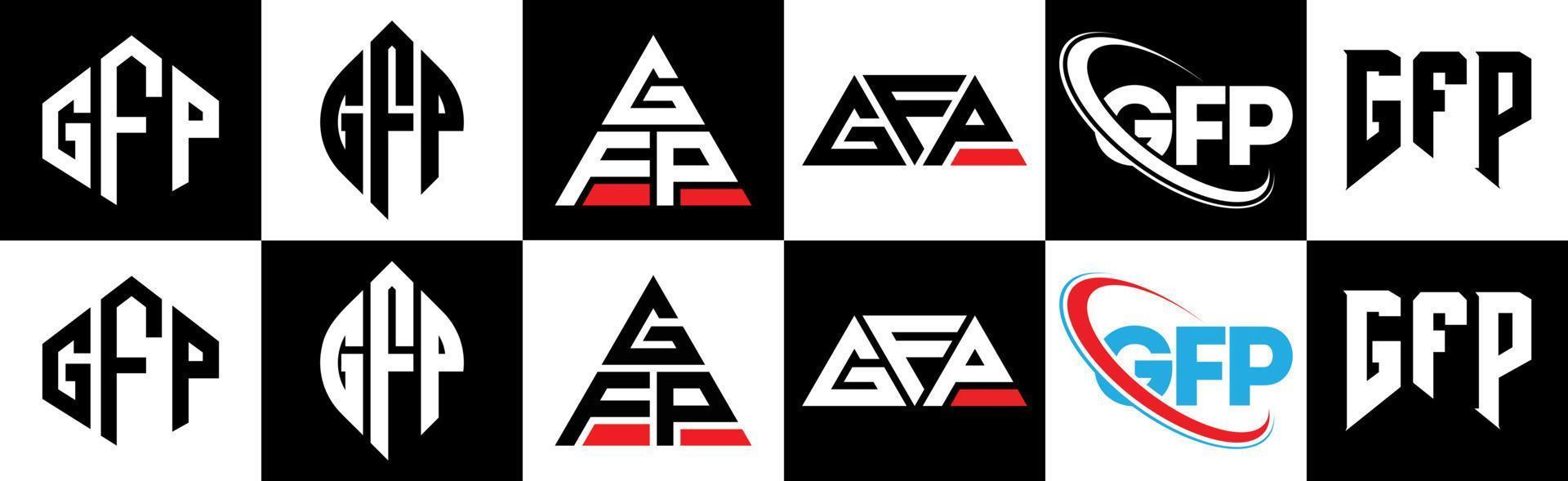 création de logo de lettre gfp en six styles. polygone gfp, cercle, triangle, hexagone, style plat et simple avec logo de lettre de variation de couleur noir et blanc dans un plan de travail. logo minimaliste et classique gfp vecteur