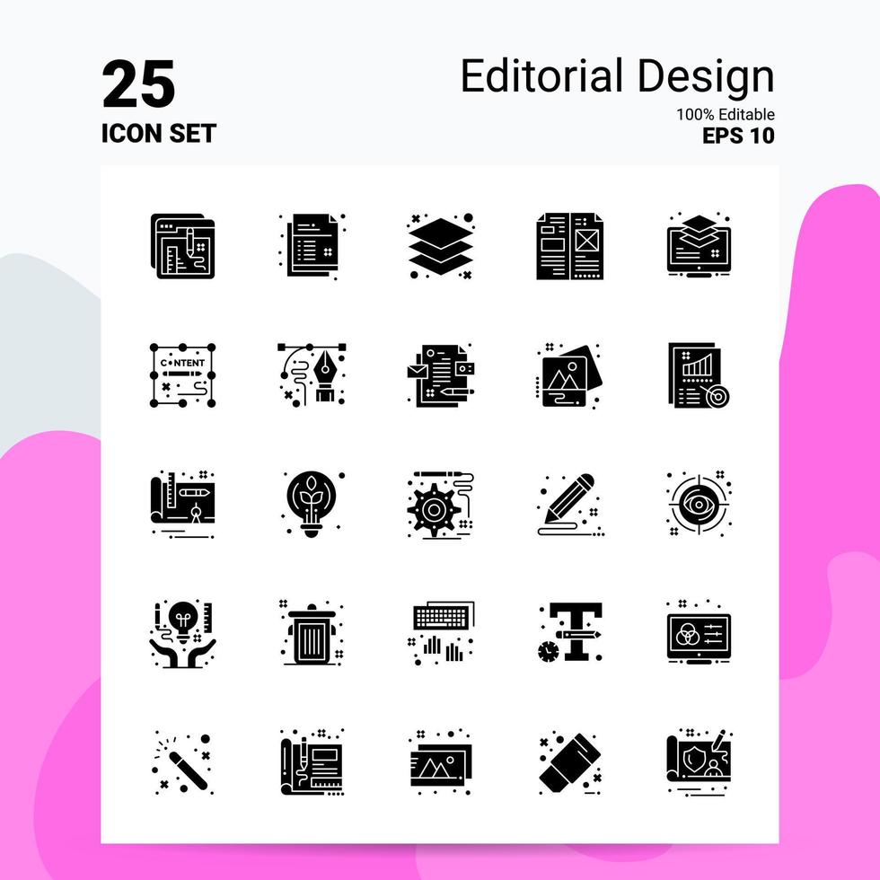 25 ensemble d'icônes de conception éditoriale 100 eps modifiables 10 fichiers idées de concept de logo d'entreprise conception d'icône de glyphe solide vecteur