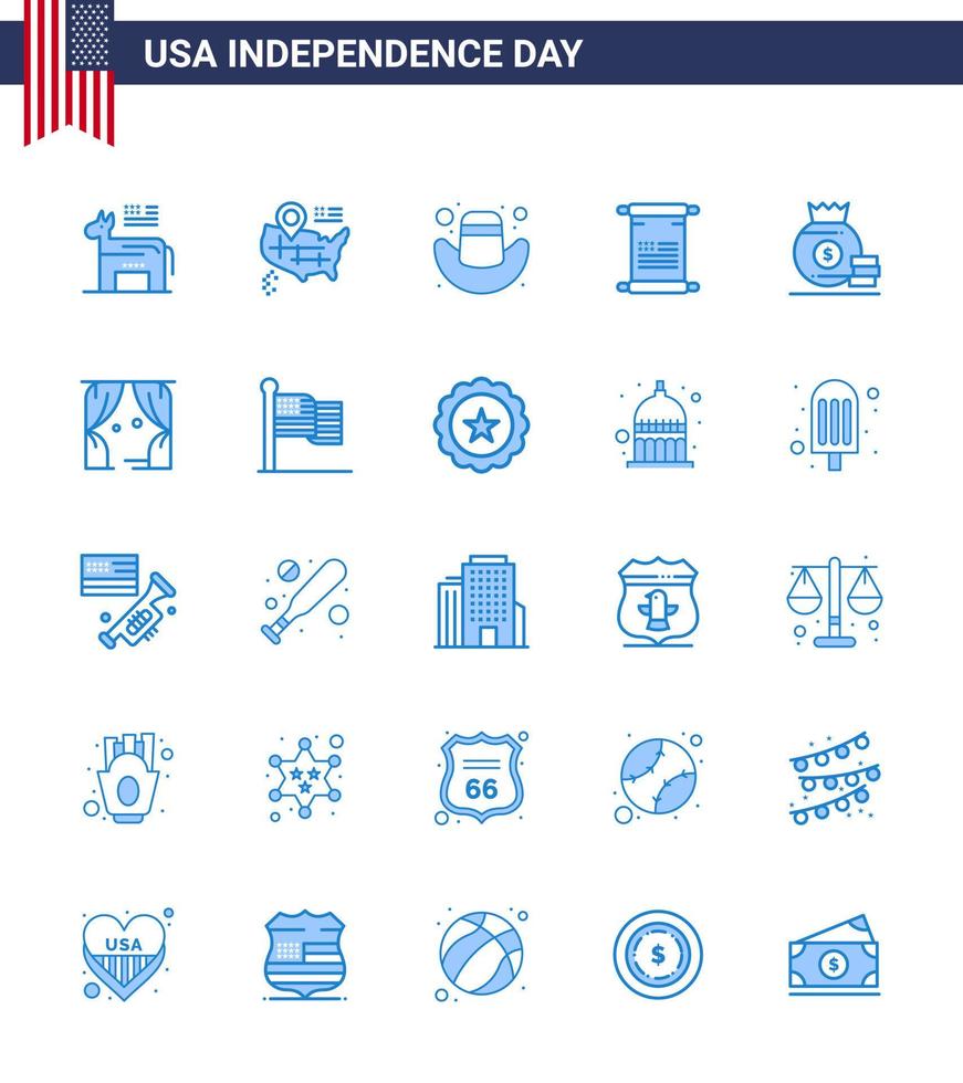 groupe de 25 blues pour le jour de l'indépendance des états-unis d'amérique tels que la casquette de sac américain dollar américain modifiable usa day vector design elements