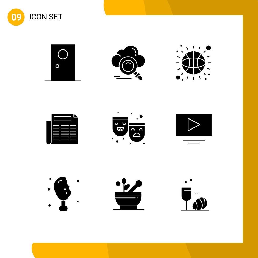 interface mobile glyphe solide ensemble de 9 pictogrammes de rôles document en ligne papier sport éléments de conception vectoriels modifiables vecteur