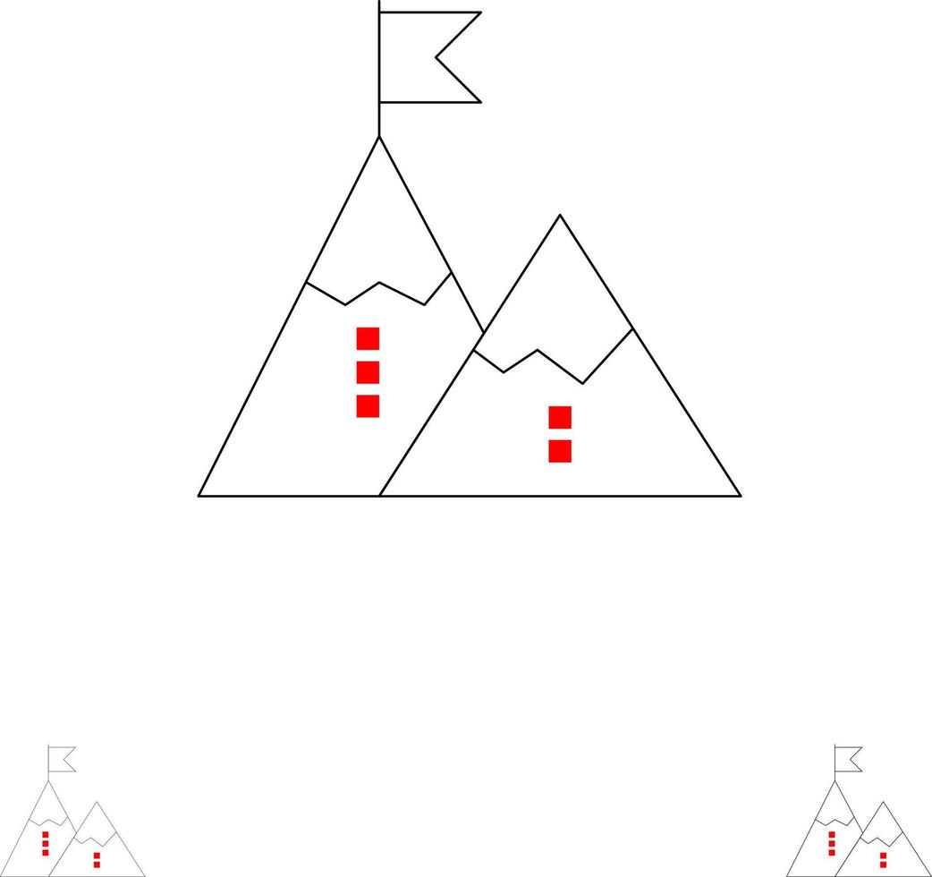 succès réalisation drapeau objectif mission montagne pic audacieux et mince ligne noire jeu d'icônes vecteur