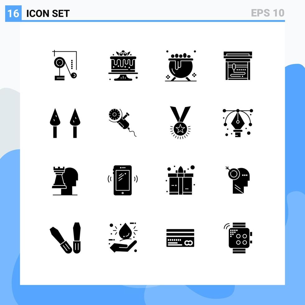 ensemble moderne de 16 pictogrammes de glyphes solides de scie électrique chaudron sparrowgrass impression éléments de conception vectoriels modifiables vecteur