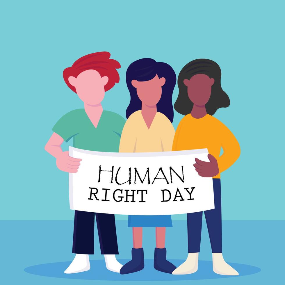 illustration vectorielle graphique de trois personnes portant des bannières, parfaites pour la journée internationale, la journée des droits de l'homme, la fête, la carte de voeux, etc. vecteur