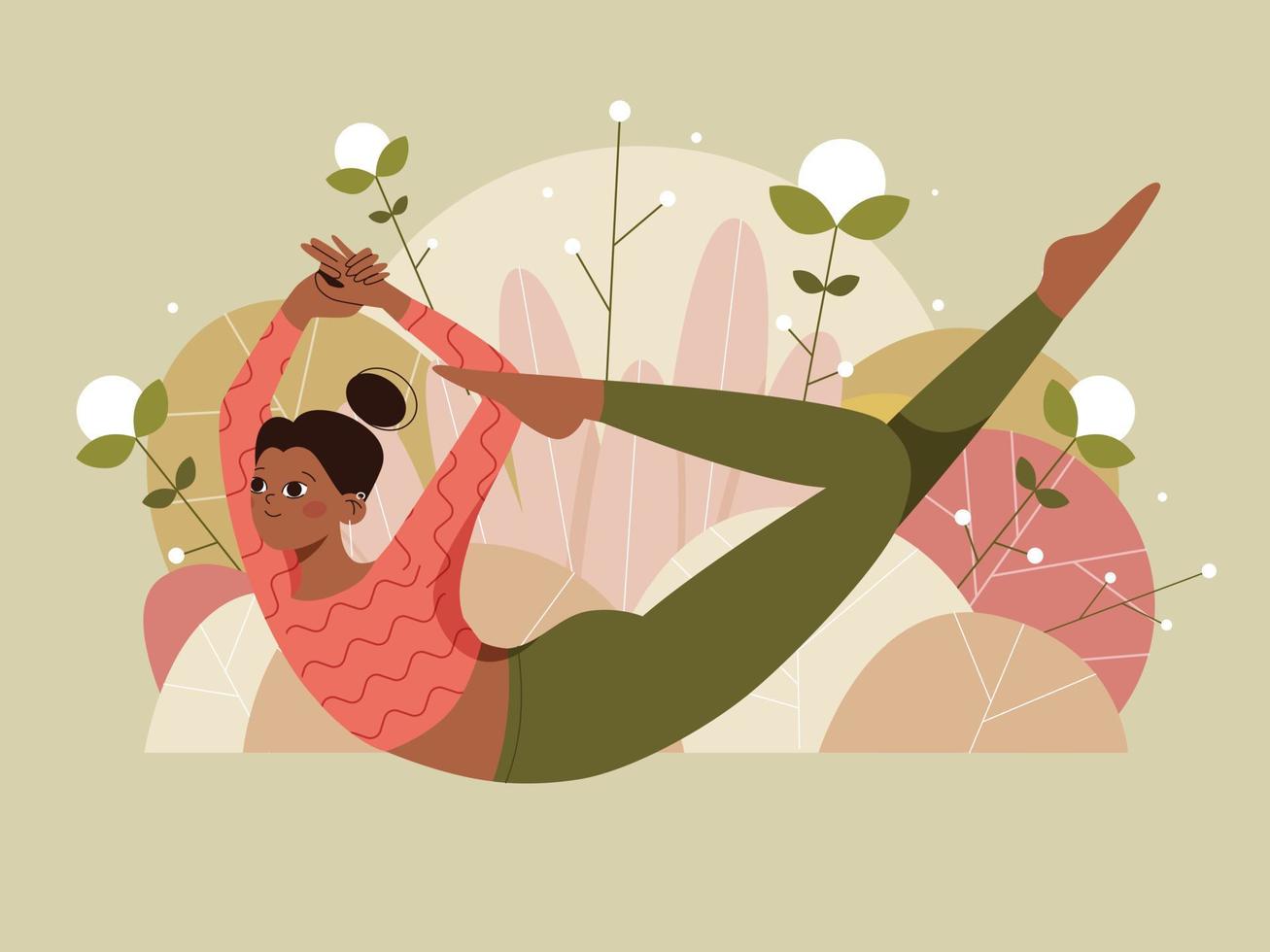 femme faisant la pose de yoga sur fond de nature avec des feuilles. illustration conceptuelle pour le yoga, le pilates et un mode de vie sain. illustration vectorielle plane. vecteur