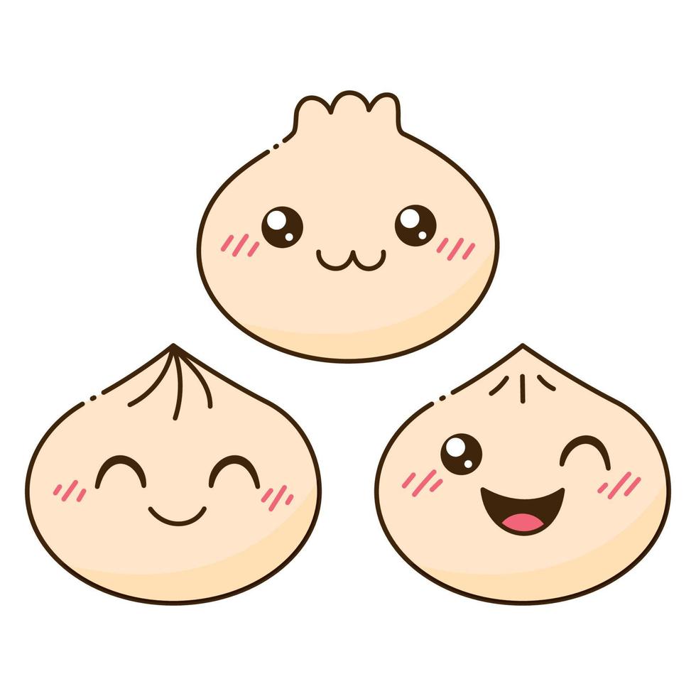 joli jeu de dim sum heureux. personnage bao de dessin animé souriant. boulettes chinoises traditionnelles avec des grimaces vecteur
