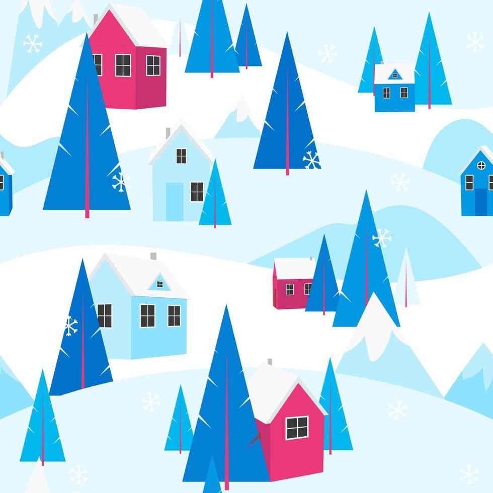 vacances de noël modèle sans couture dans les montagnes. journée d'hiver paysage extérieur neige, maisons chaleureuses et pins. vacances en maison de village. station de ski de fond de forêt. illustration vectorielle. vecteur