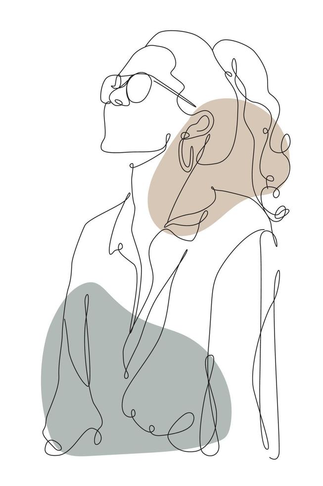 fille d'art en ligne avec queue de cheval et lunettes. silhouette de femme dessinée en une ligne continue et taches de couleur sur un fond. dessin au trait noir de mode dessiné à la main. vecteur