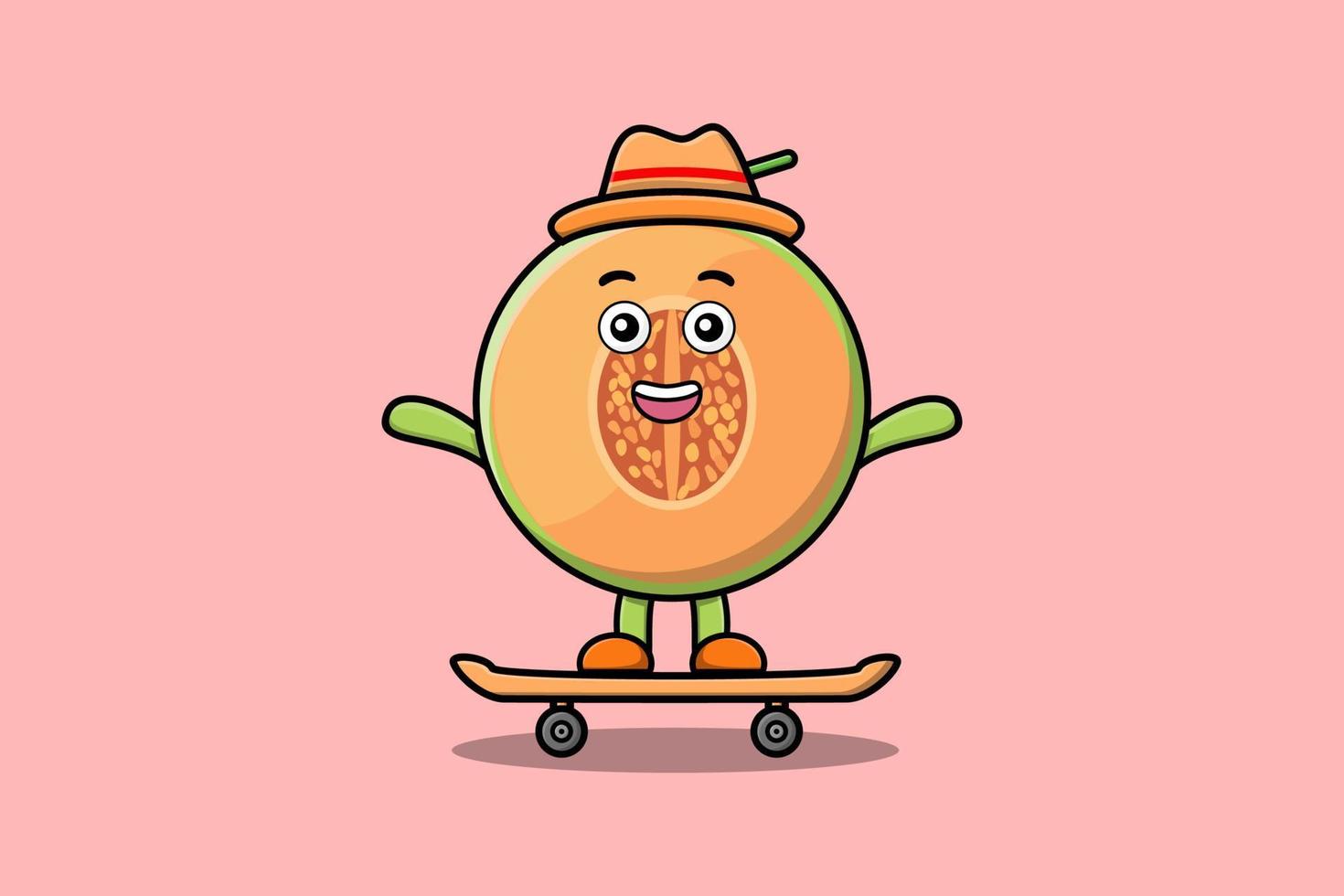 melon de dessin animé mignon debout sur une planche à roulettes vecteur