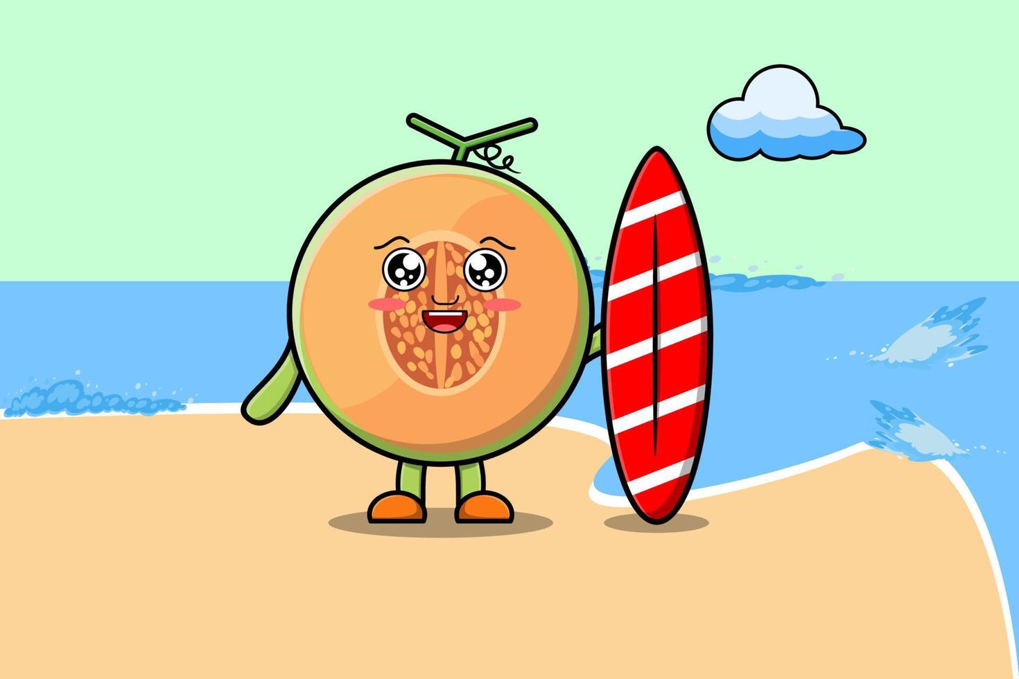 personnage de dessin animé mignon melon jouant au surf vecteur