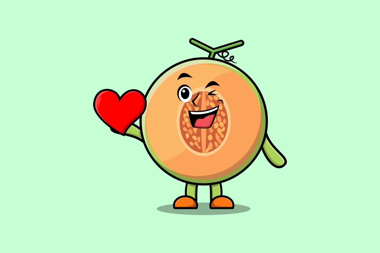 personnage de dessin animé mignon melon tenant un grand coeur rouge vecteur