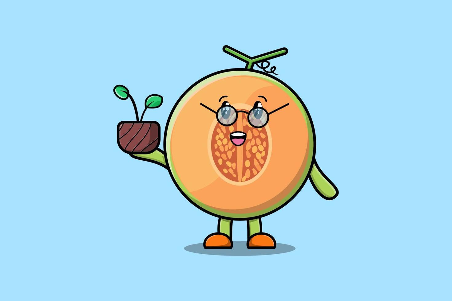 dessin animé mignon illustration melon tenir plante en pot vecteur