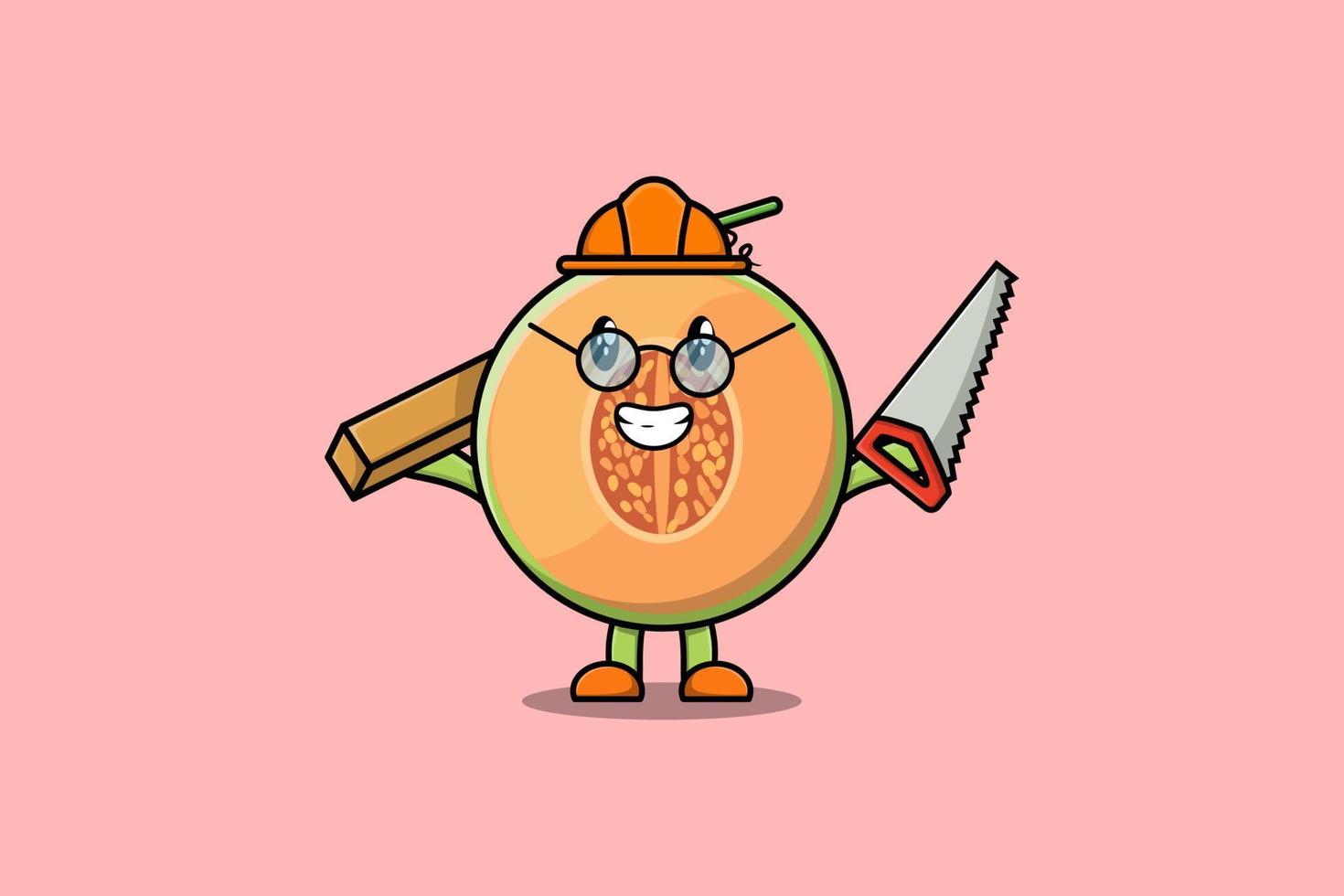 melon de dessin animé mignon en tant que personnage de charpentier avec scie vecteur