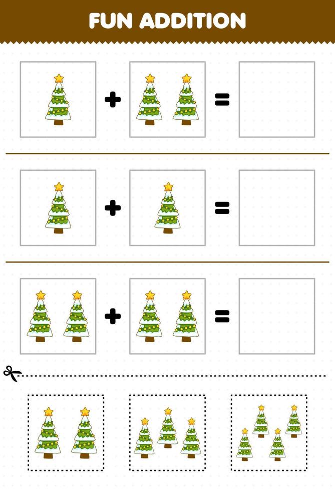 jeu éducatif pour les enfants ajout amusant par coupe et correspondance de dessins animés mignons d'arbres de noël pour la feuille de travail d'hiver imprimable vecteur