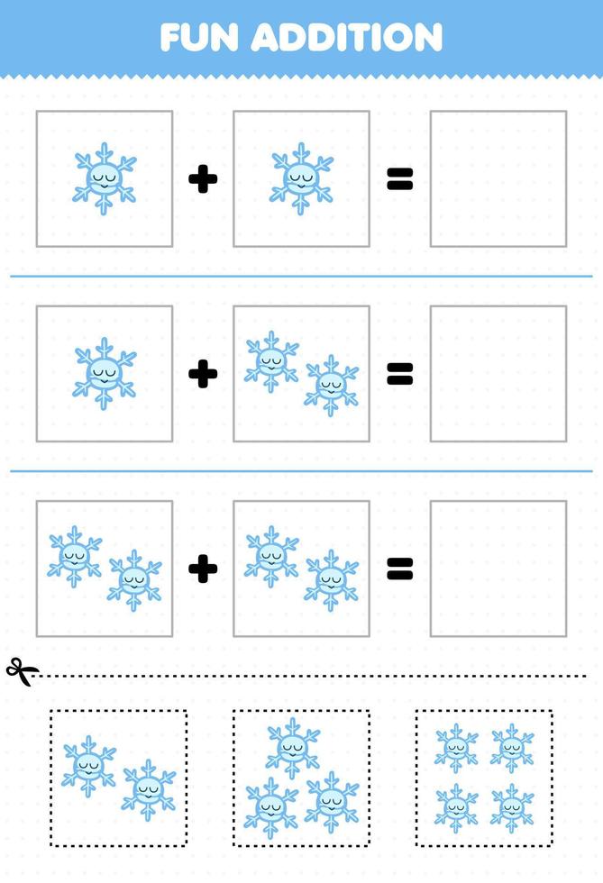 jeu éducatif pour les enfants ajout amusant par coupe et correspondance d'images de flocon de neige de dessin animé mignon pour la feuille de travail d'hiver imprimable vecteur