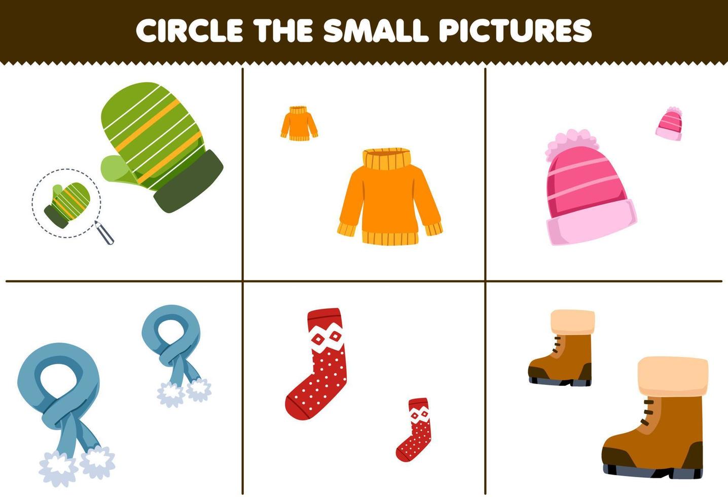 jeu d'éducation pour les enfants cercle la petite image de dessin animé mignon mitaine chandail bonnet écharpe chaussette botte feuille de travail d'hiver imprimable vecteur