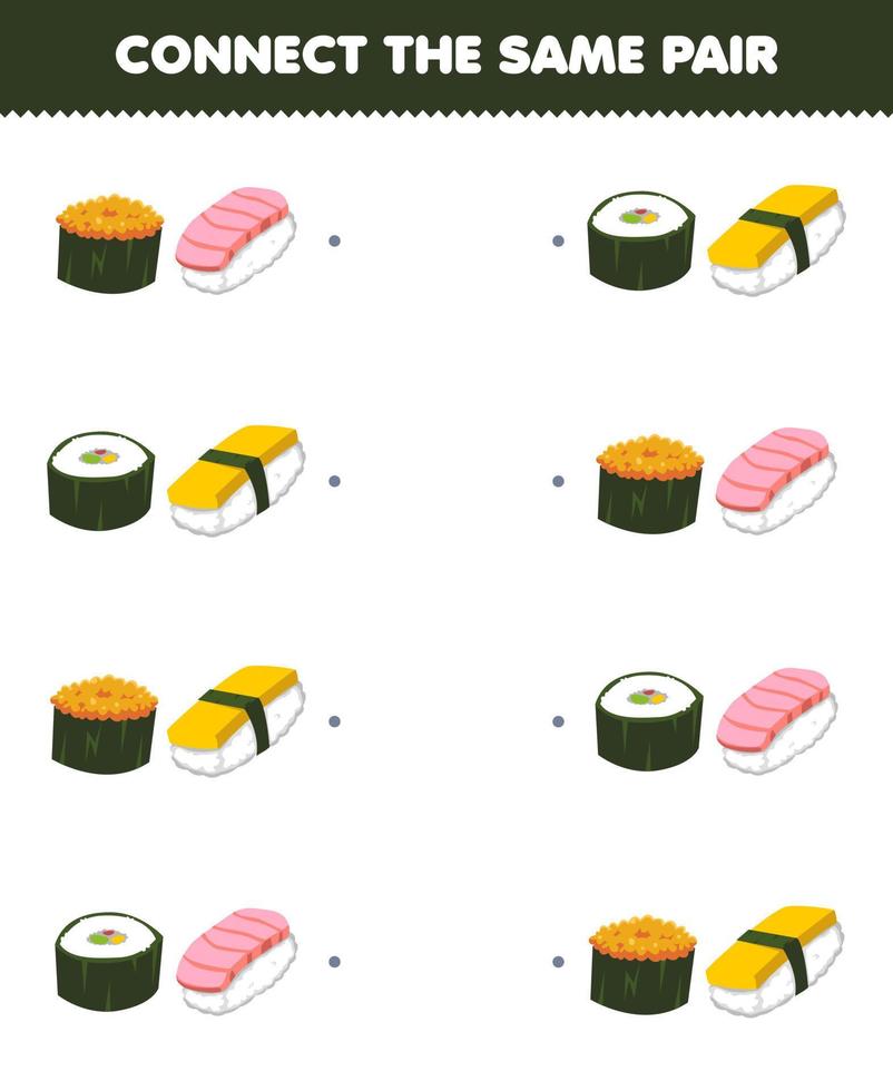 jeu éducatif pour les enfants connectez la même image de paire de sushis de dessin animé mignon feuille de travail de cuisine japonaise imprimable vecteur